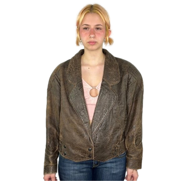 Vintage Exclusive "Baez" 80's Cropped Brown Leather Blazer Jacket - Picture 2 of 12